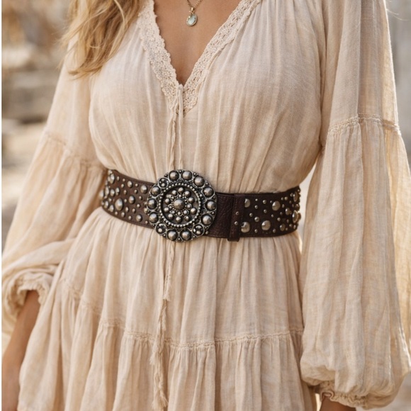 Express Accessories - Vintage Style Genuine Leather Studded Belt Boho Western Medallion Buckle